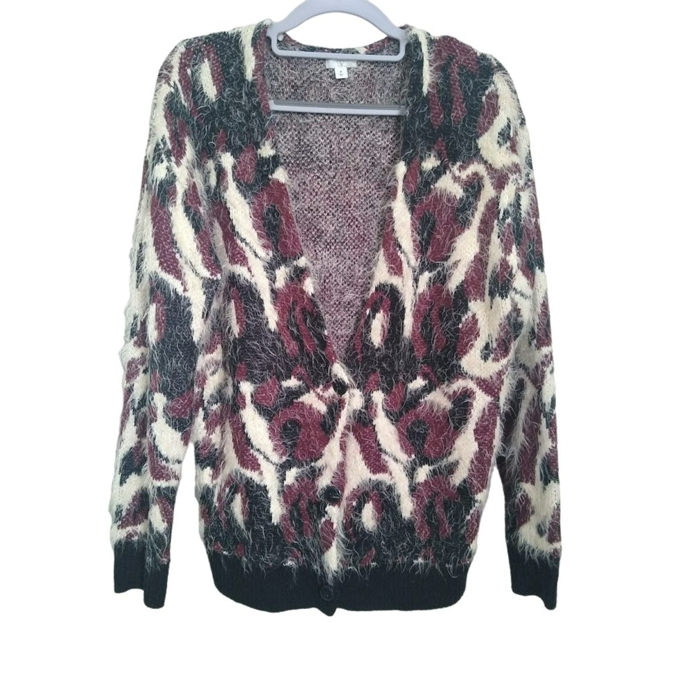 BP Women's Oversized Camouflage Fuzzy Cardigan Sweater Red Black White Medium
